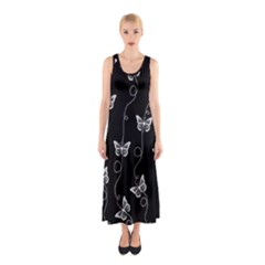 Black And White Butterfly Pattern Sleeveless Maxi Dress by SpinnyChairDesigns