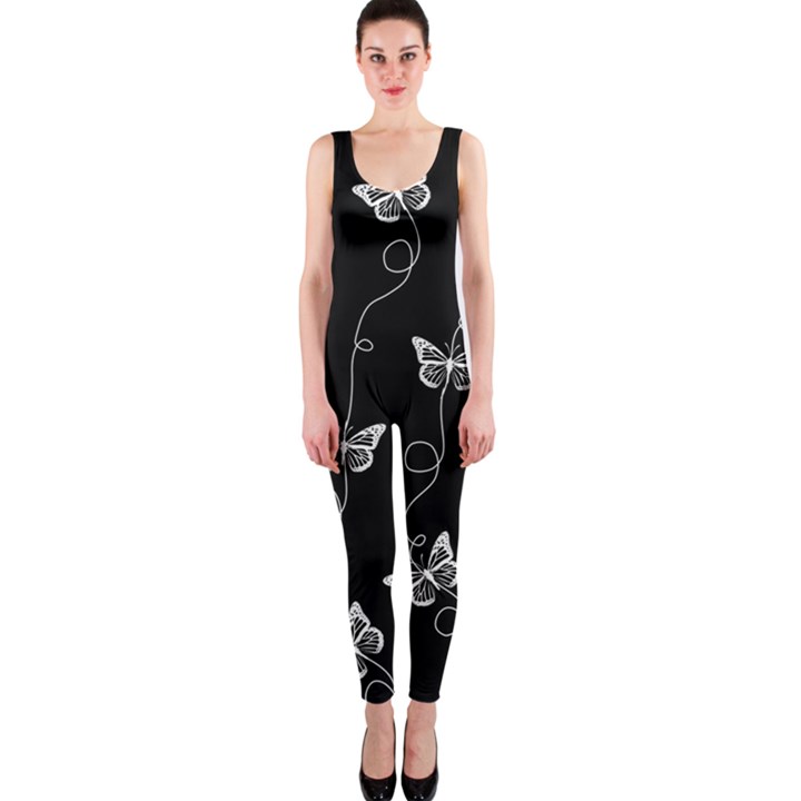 Black and White Butterfly Pattern One Piece Catsuit