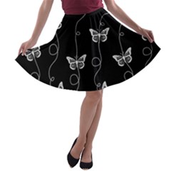 Black And White Butterfly Pattern A-line Skater Skirt by SpinnyChairDesigns