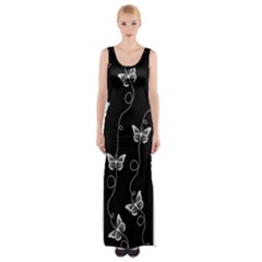 Black And White Butterfly Pattern Thigh Split Maxi Dress by SpinnyChairDesigns