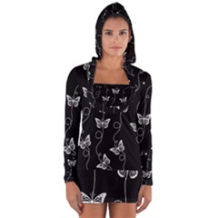 Black And White Butterfly Pattern Long Sleeve Hooded T-shirt by SpinnyChairDesigns