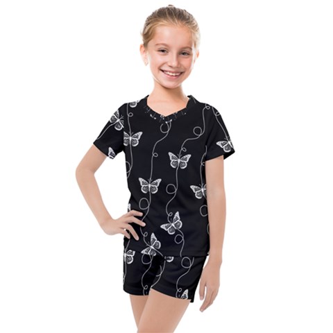 Black And White Butterfly Pattern Kids  Mesh Tee And Shorts Set by SpinnyChairDesigns