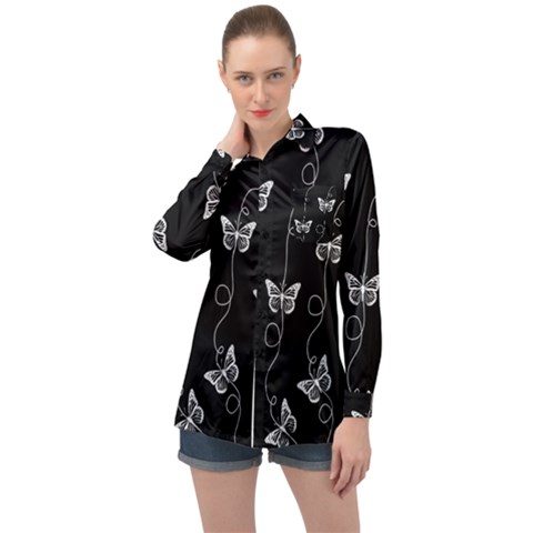 Black And White Butterfly Pattern Long Sleeve Satin Shirt by SpinnyChairDesigns