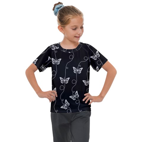 Black And White Butterfly Pattern Kids  Mesh Piece Tee by SpinnyChairDesigns