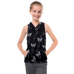 Black And White Butterfly Pattern Kids  Sleeveless Hoodie by SpinnyChairDesigns