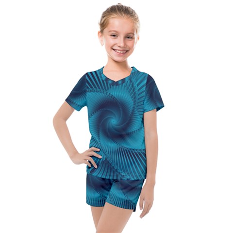 Cerulean Blue Pinwheel Floral Design Kids  Mesh Tee And Shorts Set by SpinnyChairDesigns