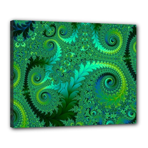 Green Floral Fern Swirls And Spirals Canvas 20  X 16  (stretched) by SpinnyChairDesigns