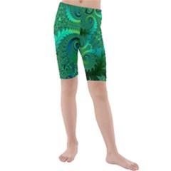 Green Floral Fern Swirls And Spirals Kids  Mid Length Swim Shorts by SpinnyChairDesigns