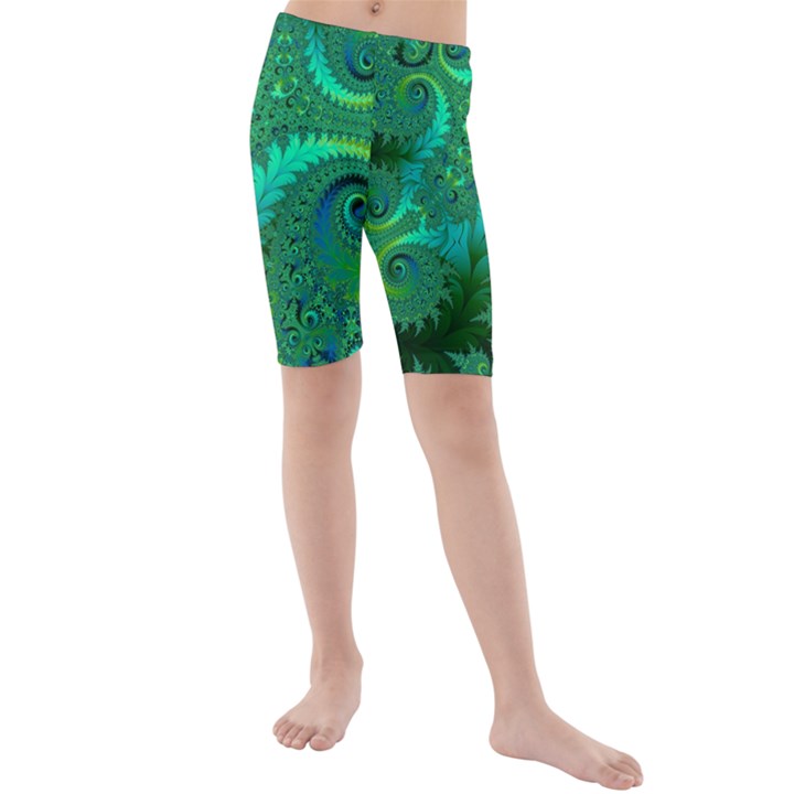 Green Floral Fern Swirls and Spirals Kids  Mid Length Swim Shorts