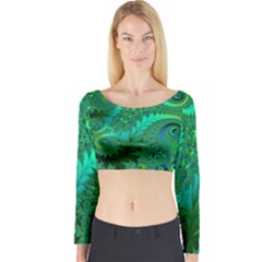 Green Floral Fern Swirls And Spirals Long Sleeve Crop Top by SpinnyChairDesigns