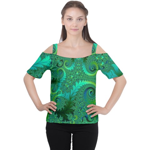 Green Floral Fern Swirls And Spirals Cutout Shoulder Tee by SpinnyChairDesigns