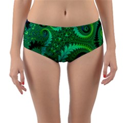 Green Floral Fern Swirls And Spirals Reversible Mid-waist Bikini Bottoms by SpinnyChairDesigns