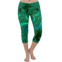 Green Floral Fern Swirls And Spirals Capri Yoga Leggings by SpinnyChairDesigns