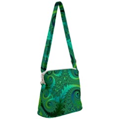 Green Floral Fern Swirls And Spirals Zipper Messenger Bag by SpinnyChairDesigns