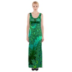 Green Floral Fern Swirls And Spirals Thigh Split Maxi Dress by SpinnyChairDesigns