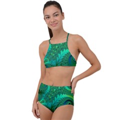 Green Floral Fern Swirls And Spirals High Waist Tankini Set by SpinnyChairDesigns