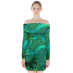 Green Floral Fern Swirls And Spirals Long Sleeve Off Shoulder Dress by SpinnyChairDesigns