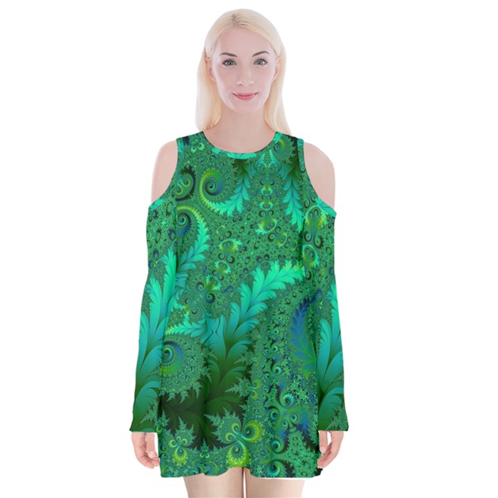 Green Floral Fern Swirls and Spirals Velvet Long Sleeve Shoulder Cutout Dress