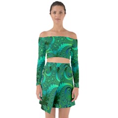 Green Floral Fern Swirls And Spirals Off Shoulder Top With Skirt Set by SpinnyChairDesigns