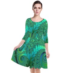 Green Floral Fern Swirls And Spirals Quarter Sleeve Waist Band Dress by SpinnyChairDesigns