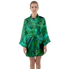 Green Floral Fern Swirls And Spirals Long Sleeve Satin Kimono by SpinnyChairDesigns