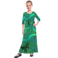 Green Floral Fern Swirls And Spirals Kids  Quarter Sleeve Maxi Dress by SpinnyChairDesigns