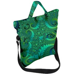 Green Floral Fern Swirls And Spirals Fold Over Handle Tote Bag by SpinnyChairDesigns