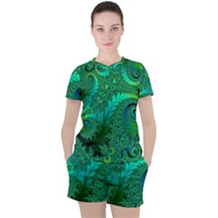 Green Floral Fern Swirls And Spirals Women s Tee And Shorts Set