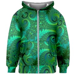 Green Floral Fern Swirls And Spirals Kids  Zipper Hoodie Without Drawstring by SpinnyChairDesigns