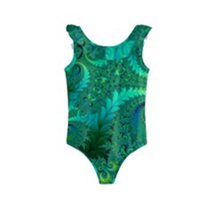 Green Floral Fern Swirls And Spirals Kids  Frill Swimsuit by SpinnyChairDesigns