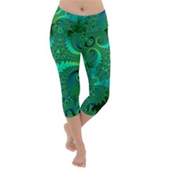 Green Floral Fern Swirls And Spirals Lightweight Velour Capri Yoga Leggings by SpinnyChairDesigns