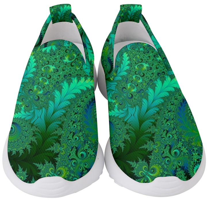 Green Floral Fern Swirls and Spirals Kids  Slip On Sneakers