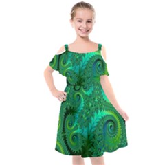 Green Floral Fern Swirls And Spirals Kids  Cut Out Shoulders Chiffon Dress by SpinnyChairDesigns