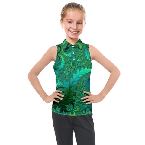 Green Floral Fern Swirls And Spirals Kids  Sleeveless Polo Tee by SpinnyChairDesigns