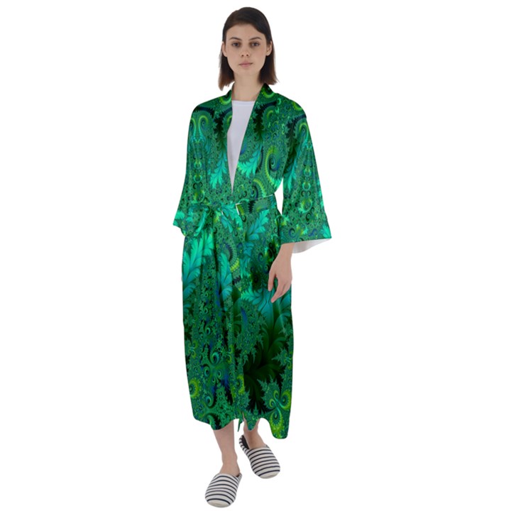 Green Floral Fern Swirls and Spirals Maxi Satin Kimono