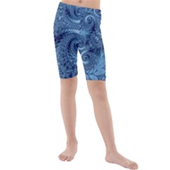 Blue Floral Fern Swirls And Spirals  Kids  Mid Length Swim Shorts by SpinnyChairDesigns