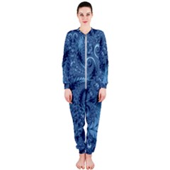 Blue Floral Fern Swirls And Spirals  Onepiece Jumpsuit (ladies)  by SpinnyChairDesigns