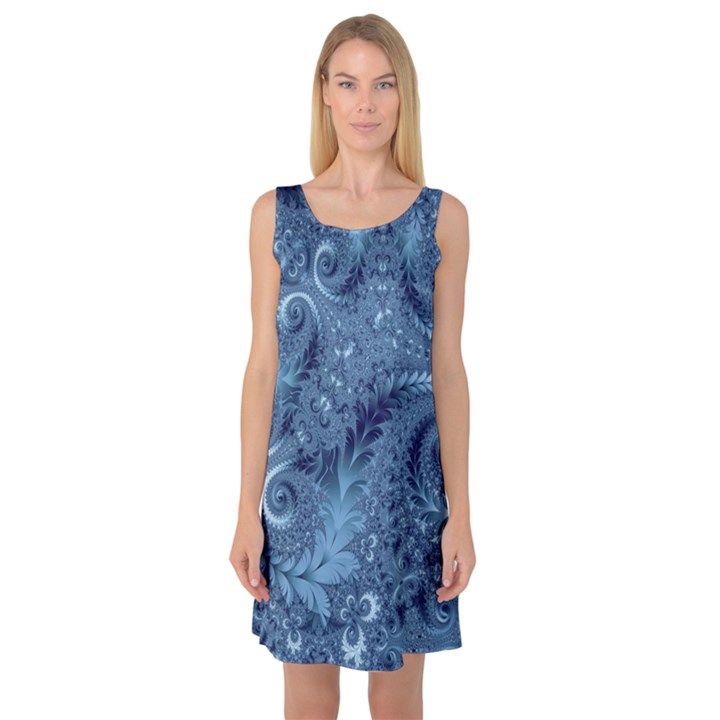 Blue Floral Fern Swirls And Spirals  Sleeveless Satin Nightdress