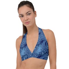 Blue Floral Fern Swirls And Spirals  Halter Plunge Bikini Top by SpinnyChairDesigns