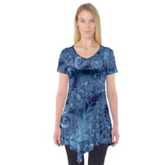 Blue Floral Fern Swirls And Spirals  Short Sleeve Tunic  by SpinnyChairDesigns