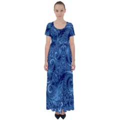 Blue Floral Fern Swirls And Spirals  High Waist Short Sleeve Maxi Dress by SpinnyChairDesigns