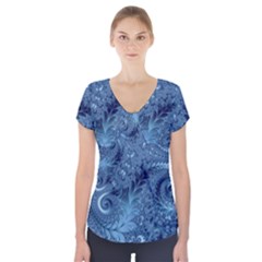 Blue Floral Fern Swirls And Spirals  Short Sleeve Front Detail Top by SpinnyChairDesigns