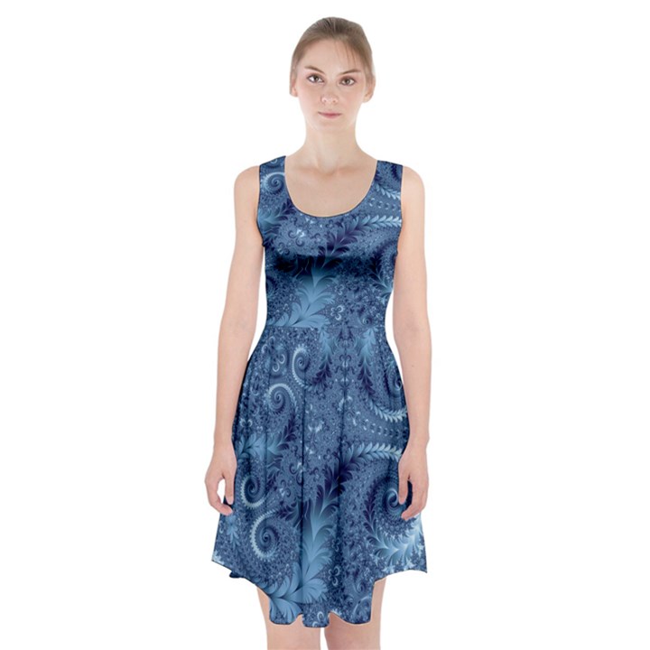 Blue Floral Fern Swirls And Spirals  Racerback Midi Dress