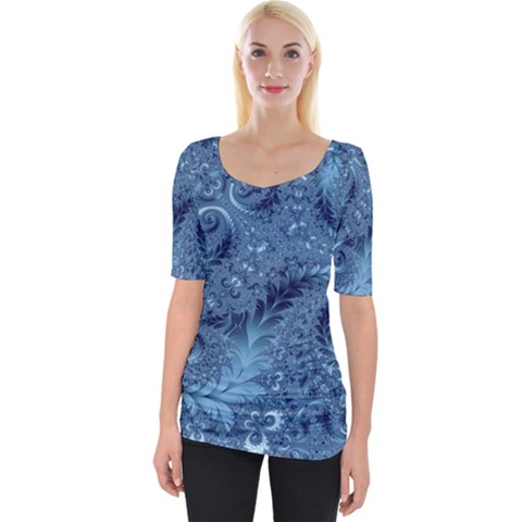 Blue Floral Fern Swirls And Spirals  Wide Neckline Tee by SpinnyChairDesigns