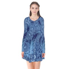 Blue Floral Fern Swirls And Spirals  Long Sleeve V-neck Flare Dress by SpinnyChairDesigns