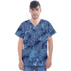 Blue Floral Fern Swirls And Spirals  Men s V-neck Scrub Top