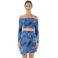 Blue Floral Fern Swirls And Spirals  Off Shoulder Top With Skirt Set by SpinnyChairDesigns