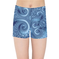 Blue Floral Fern Swirls And Spirals  Kids  Sports Shorts by SpinnyChairDesigns