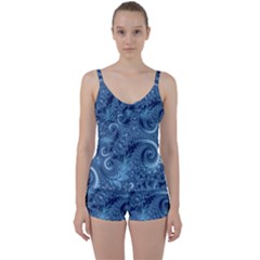 Blue Floral Fern Swirls And Spirals  Tie Front Two Piece Tankini by SpinnyChairDesigns