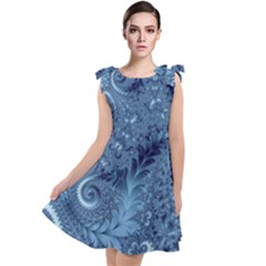 Blue Floral Fern Swirls And Spirals  Tie Up Tunic Dress by SpinnyChairDesigns